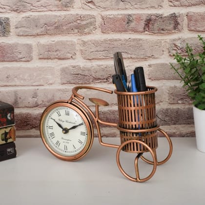 Decoriee Vintage Metal Bicycle Table Clock with Pen Stand | Antique Copper Finish Decorative Showpiece for Home & Office