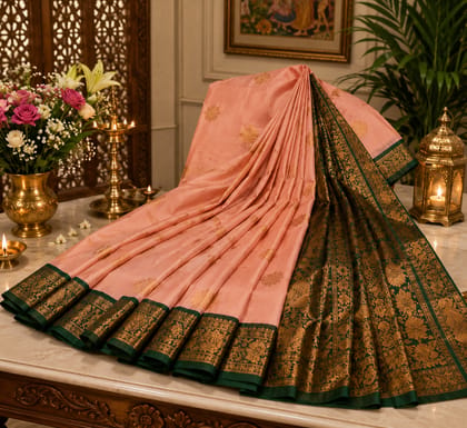 Kanchipuram Silk Saree Peach Body Green Zari Border