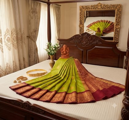 South Indian Kanchipuram Silk Saree Peach Body Green Zari Border