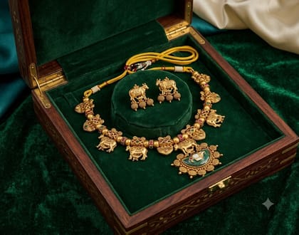 Temple Jewellery Antique Gold-Plated Necklace & Earring Set with Elephant Motifs Temple Jewellery Antique Gold-Plated Necklace & Earring Set with Elephant Motifs