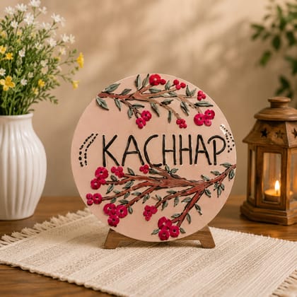 Oaeon Kachhap Handcrafted Round Floral Lippan Art Name Plate with Wooden Stand Oaeon Kachhap Handcrafted Round Floral Lippan Art Name Plate with Wooden Stand