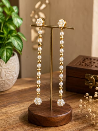 Gold-Plated Long Dangle Earrings with Alternating Faux Pearls and Gold Beads Gold-Plated Long Dangle Earrings with Alternating Faux Pearls and Gold Beads