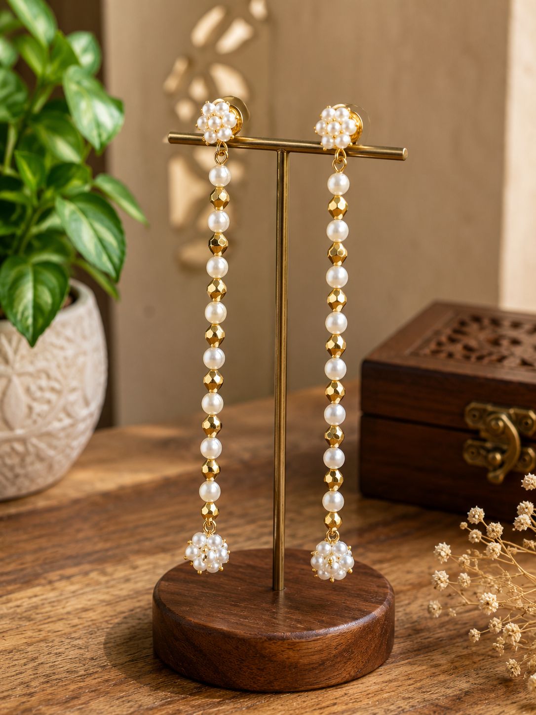 Gold-Plated Long Dangle Earrings with Alternating Faux Pearls and Gold Beads