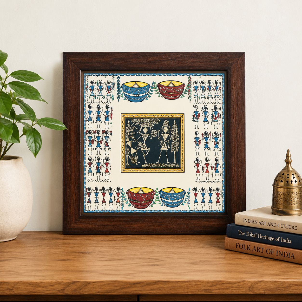Warli Art Handpainted Tribal Folk Painting Square Wall Frame