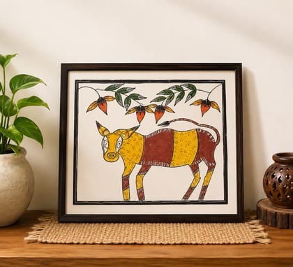 Traditional Indian Pattachitra Style Framed Cow Painting (Nandi) Traditional Indian Pattachitra Style Framed Cow Painting (Nandi)