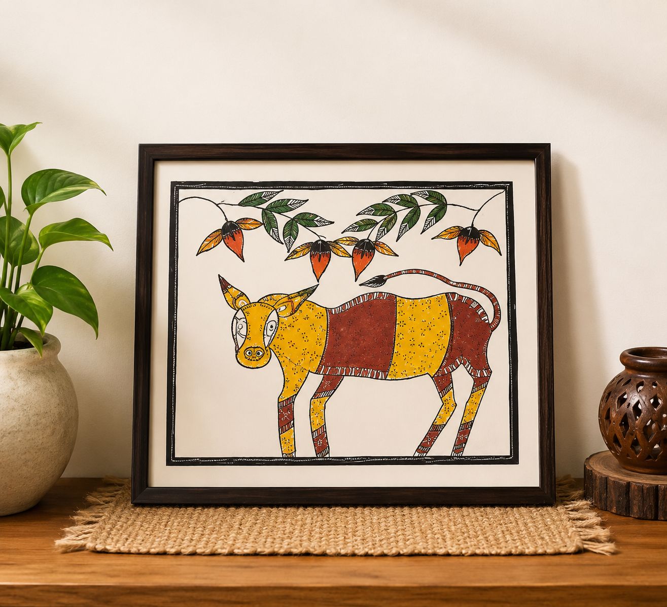 Traditional Indian Pattachitra Style Framed Cow Painting (Nandi)