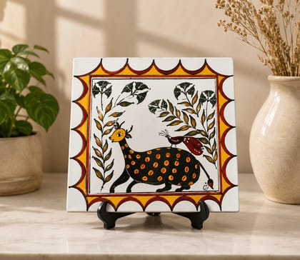 Traditional Indian Folk Art Painted Decorative Ceramic Tile with Deer and Bird Traditional Indian Folk Art Painted Decorative Ceramic Tile with Deer and Bird