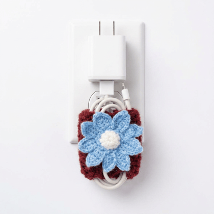 Handmade Crochet Flower Phone Charger Cable Organizer - Blue & Maroon