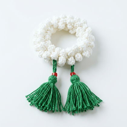 Handmade White Crochet Gajra Floral Garland with Green Tassels Handmade White Crochet Gajra Floral Garland with Green Tassels