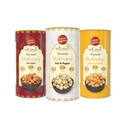 SpiceRaga Roasted Makhana Combo Pack of 3 | 77g x 3 (Total 231g) | Salt & Pepper , Peri Peri , Cheese Crunch | Healthy Namkeen Snack | Fox Nuts (Makhana) | No Palm Oil | No Trans Fat | No Preservatives