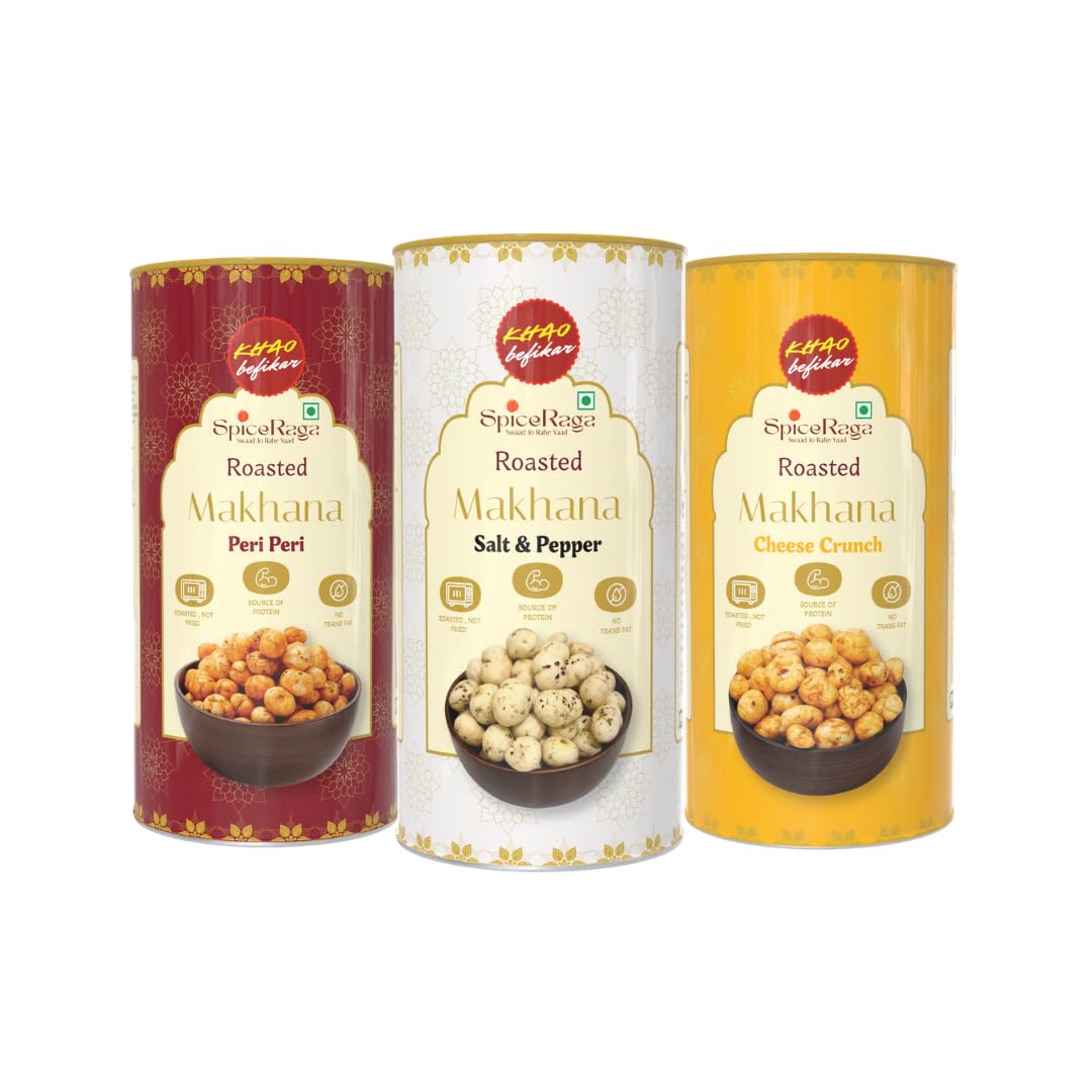 SpiceRaga Roasted Makhana Combo Pack of 3 | 77g x 3 (Total 231g) | Salt & Pepper , Peri Peri , Cheese Crunch | Healthy Namkeen Snack | Fox Nuts (Makhana) | No Palm Oil | No Trans Fat | No Preservatives