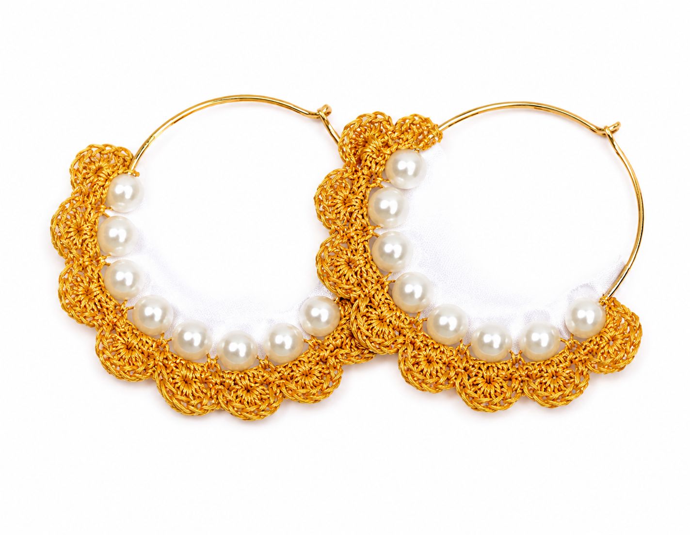 Handmade Gold Crochet Hoop Earrings with Pearls