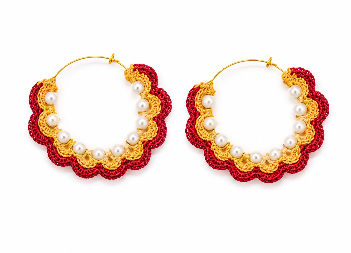 Handmade Red and Yellow Crochet Hoop Earrings with Pearls