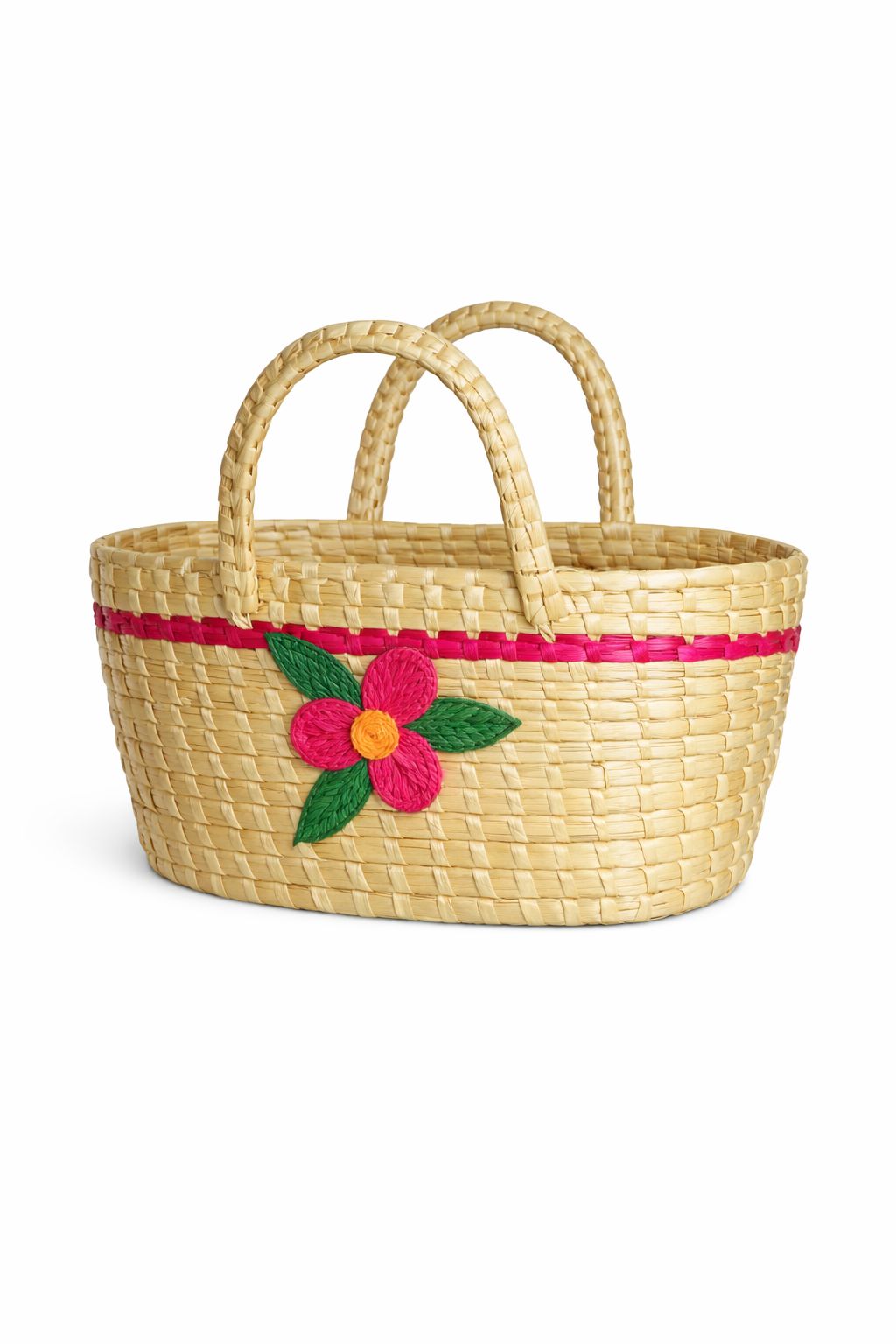 Handwoven Straw Basket Tote Bag with Red Flower Accent
