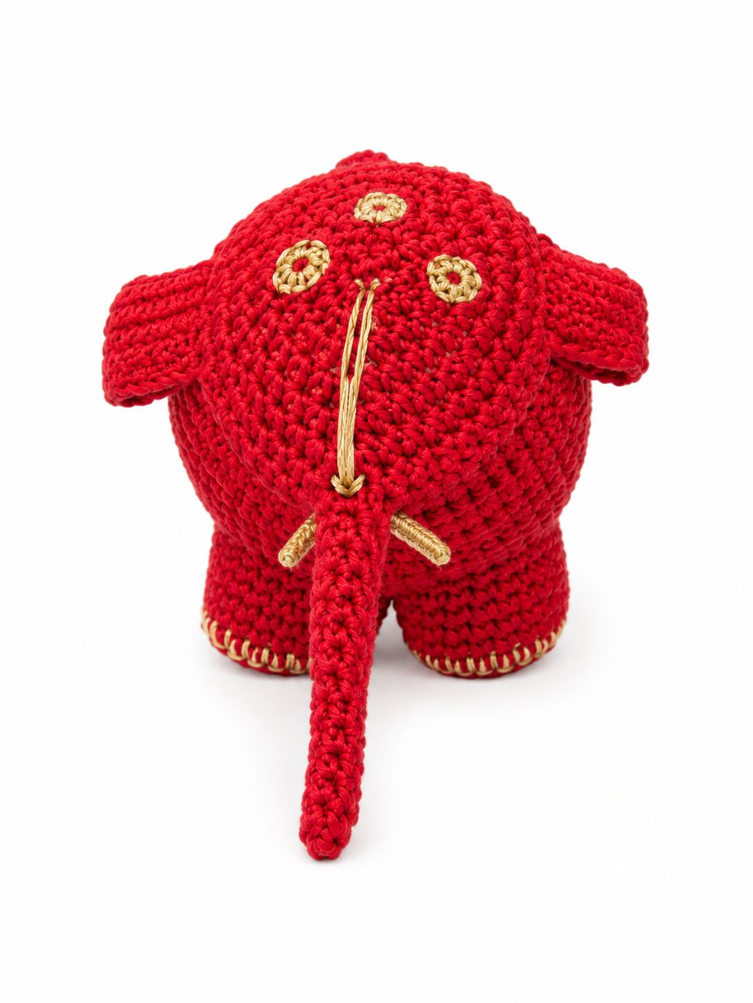 Handcrafted Festive Red Crochet Elephant Toy with Gold Accents