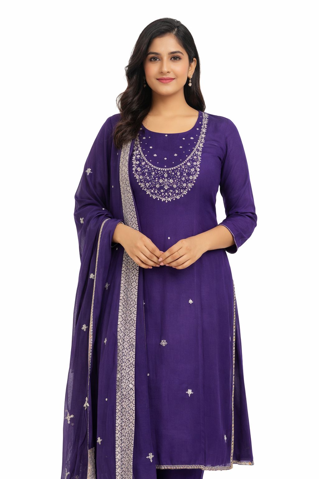 Women Purple Embroidered Kurta and Pant Set with Dupatta
