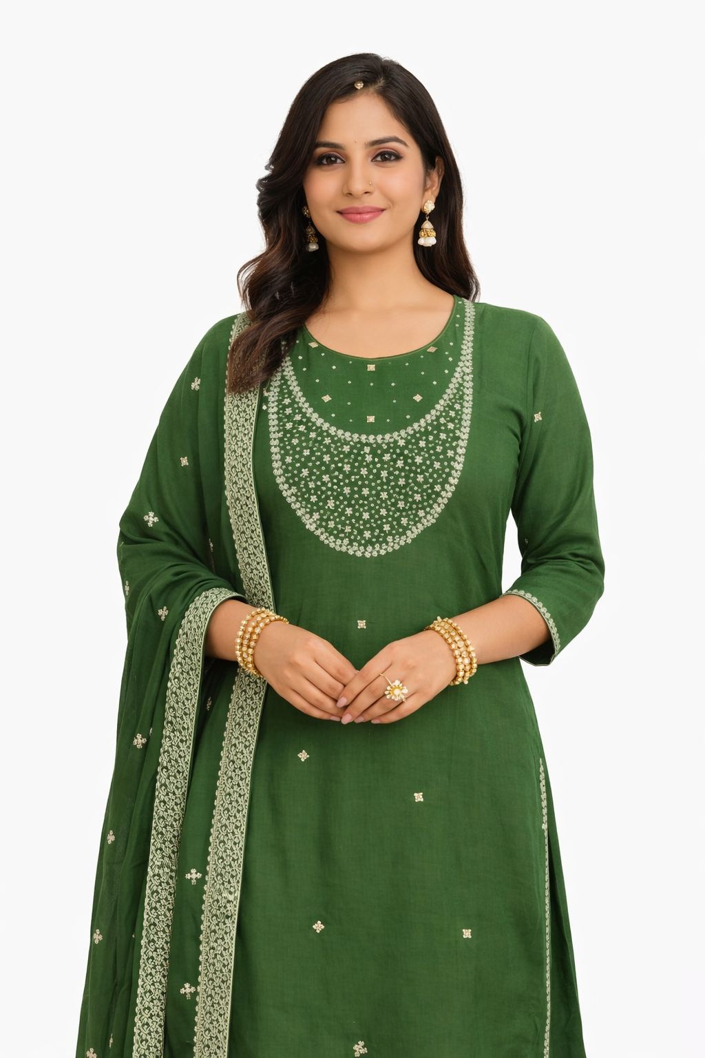 Women's Embroidered Green Kurta Pant Set with Dupatta