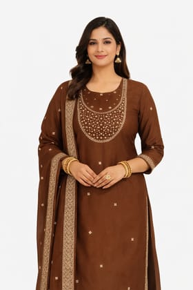 Women's Embroidered Brown Kurta Pant Set with Dupatta