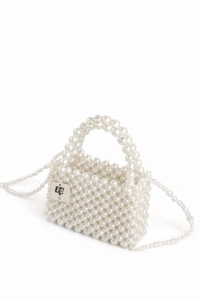 Elegant White Pearl Beaded Handbag with Crossbody Strap