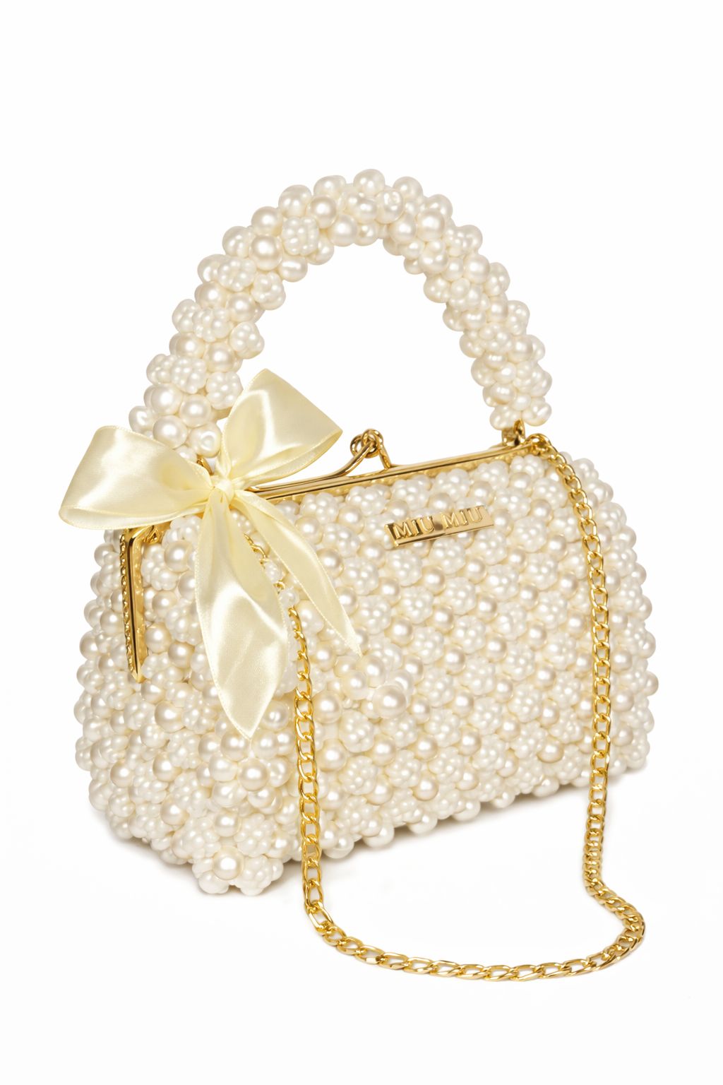Miu Miu Pearl Beaded Top Handle Bag with Satin Bow & Chain Strap
