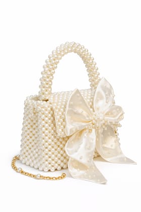 Women's Pearl Beaded Top Handle Evening Bag with Satin Bow