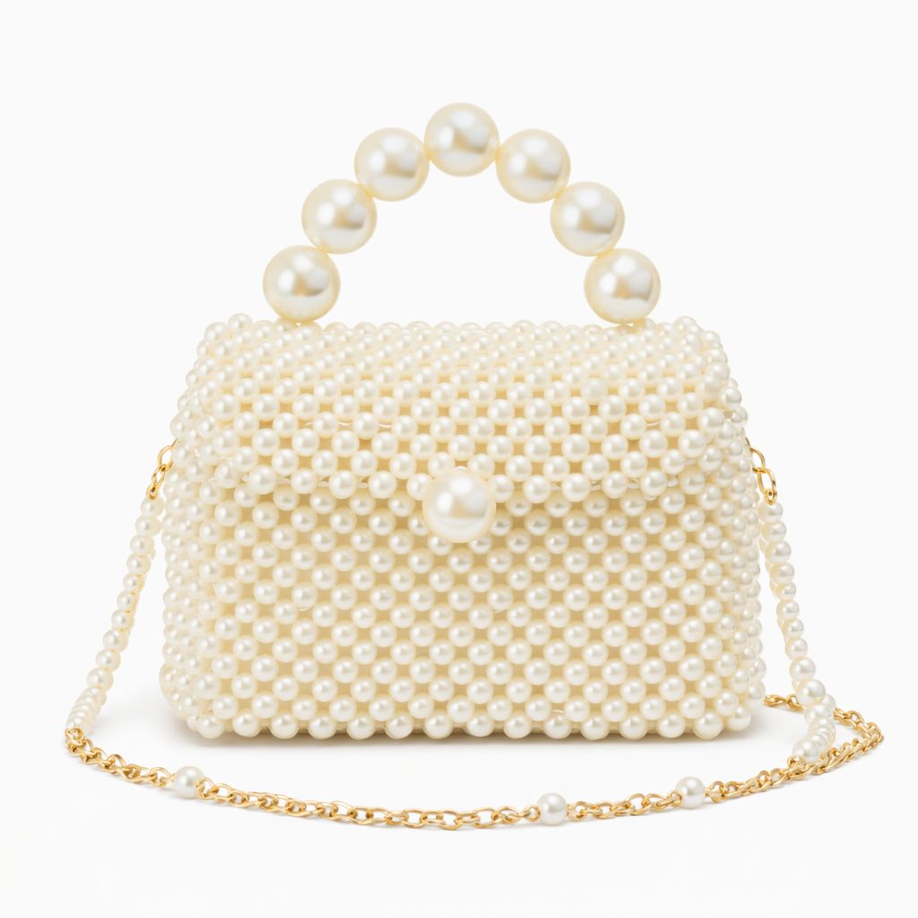 Women's Pearl Beaded Top Handle Evening Bag with Satin Bow