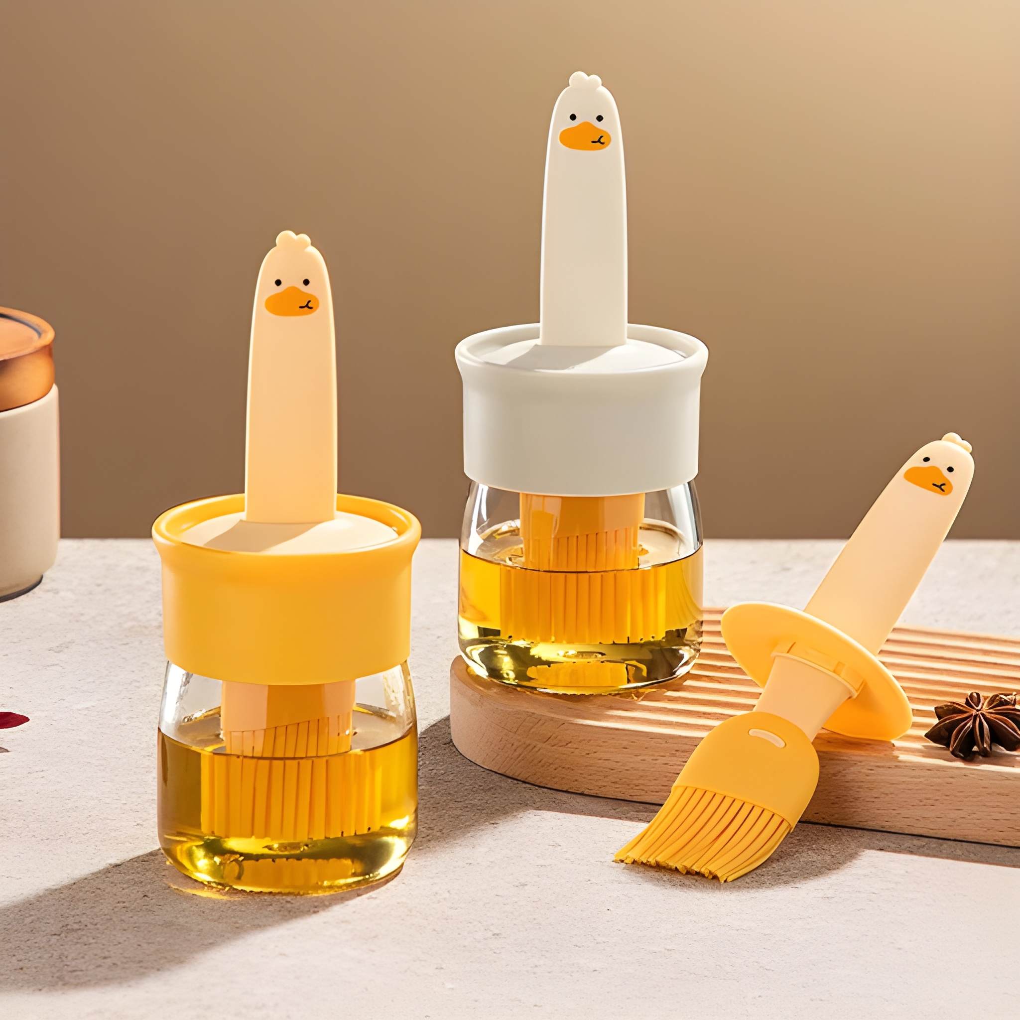 2-in-1 Oil Dispenser Bottle with Silicone Basting Brush | Leakproof Glass Oil Brush Bottle for BBQ, Baking, Cooking, Grilling, Kitchen & Air Fryer | Cute Duck Design