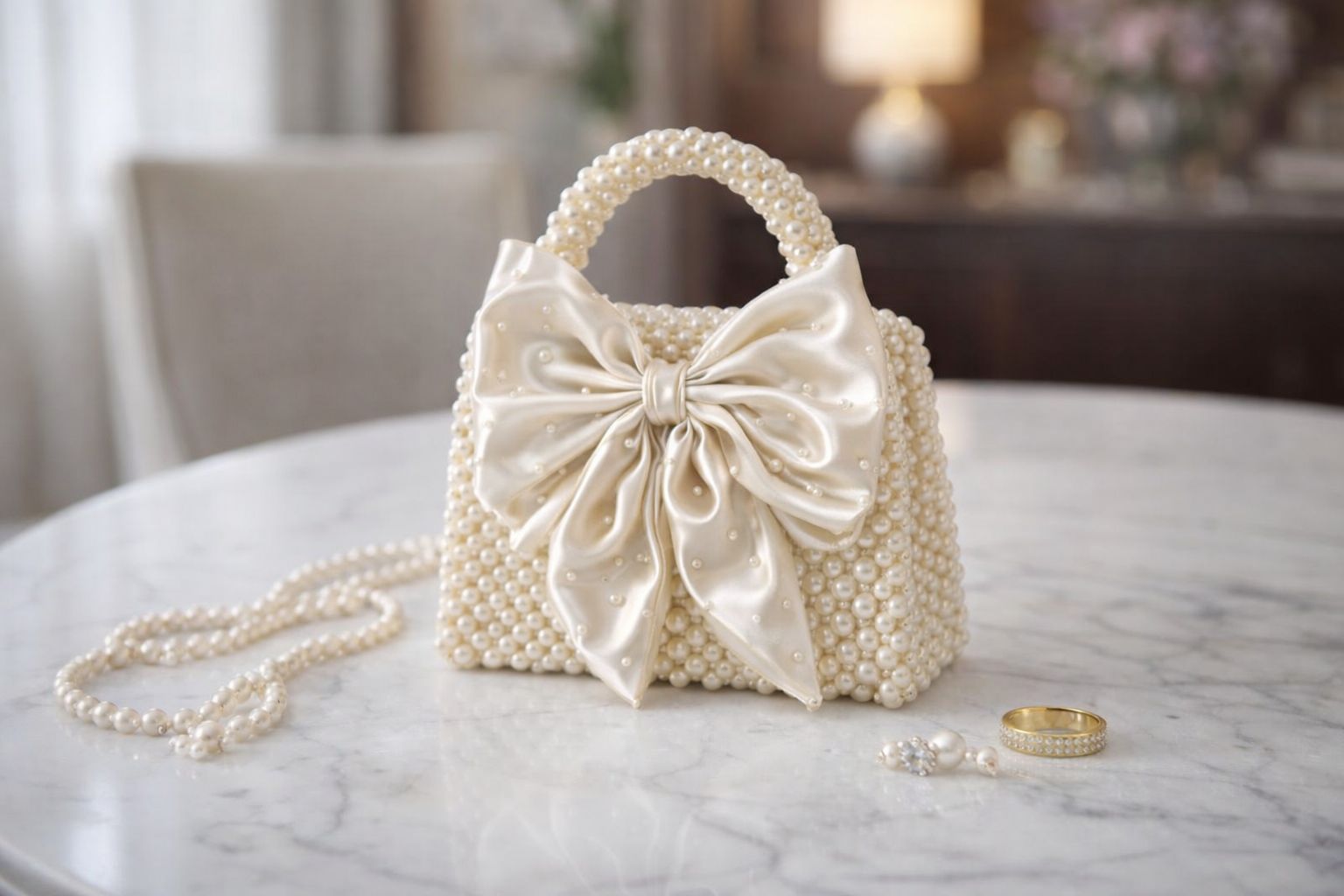 Luxury Pearl Beaded Bow Handbag – Elegant Party & Bridal Purse