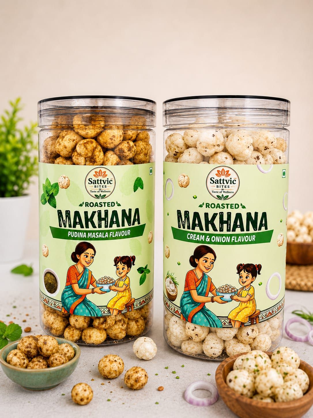 Sattvic Bites Combo Pack Flavoured Roasted Makhana (Pudina Masala + Cream & Onion)