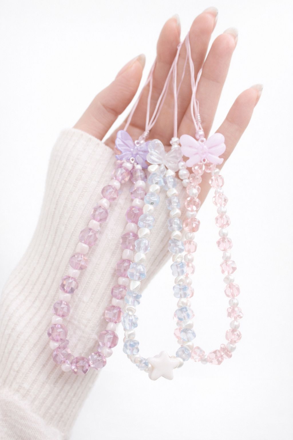Handmade Beaded Butterfly Phone Charm – Pastel Crystal Wrist Strap