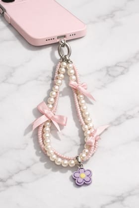 Pearl Beaded Phone Wrist Strap with Daisy Charm – Handmade Mobile Lanyard