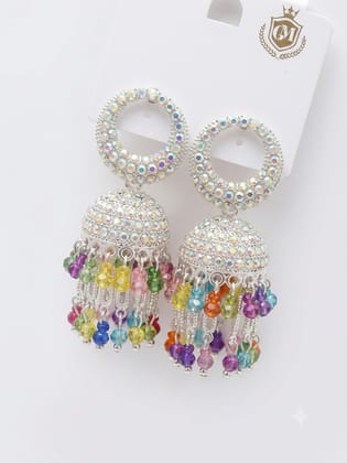 Silver Crystal Rainbow Beads Tassel Jhumka Earrings for Women & Girls