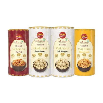 SpiceRaga Roasted Flavoured Makhana Combo Pack of 4 (77g x 4) Total 308g | 2 Salt & Pepper, 1 Cheese Crunch, 1 Peri Peri | Healthy Namkeen Snack | Fox Nuts (Makhana) | High Protein | Low Calorie | No Palm Oil