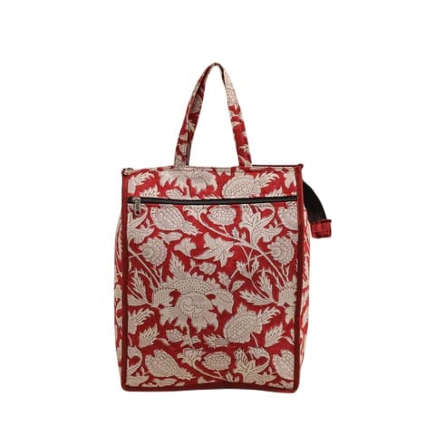 Rust Red Quilted Block Print Floral Tote Bag with Zipper Pocket