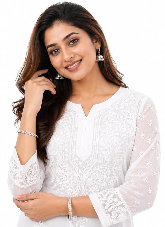 Mrs Right White Handcrafted Chikankari Kurti for Women | Georgette Fabric | High-Low Hemline | Lucknowi Embroidered Ethnic Wear
