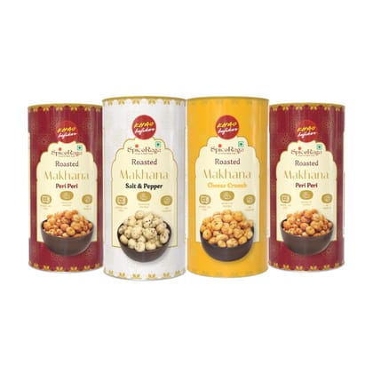 SpiceRaga Roasted Flavoured Makhana Combo Pack of 4 (77g x 4) Total 308g | 2 Peri Peri, 1 Cheese Crunch, 1 Salt & Pepper | Healthy Namkeen Snack | Fox Nuts (Makhana) | High Protein | Low Calorie | No Palm Oil