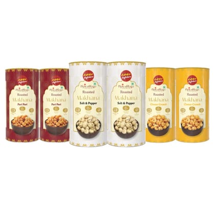 SpiceRaga Healthy Makhana Combo (70g x 4) Total 280g | Salt & Pepper  | Peri Peri | Cheese Crunch | Peri Peri | No Palm oil | No Trans Fat | No Preservatives | Healthy snack | Pack of 4 | Fox Nut | Roasted (77g (Pack of 6)