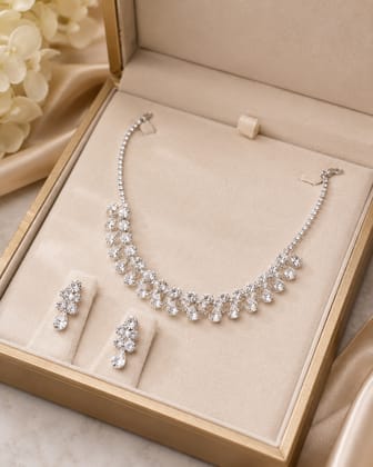 Silver-Plated Crystal Teardrop Necklace and Earring Set
