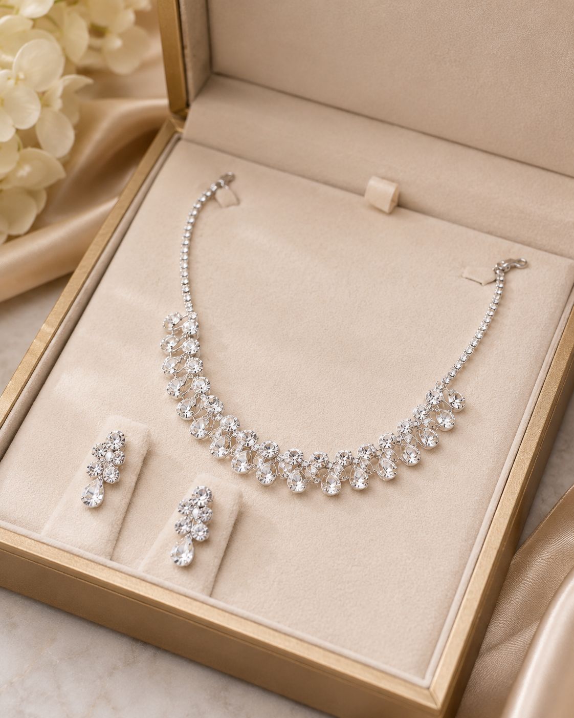 Silver-Plated Crystal Teardrop Necklace and Earring Set