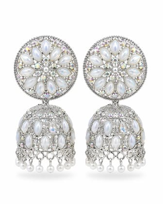 Silver Floral Opal Stone Jhumka Earrings with Pearl Drops For Women And Girls 