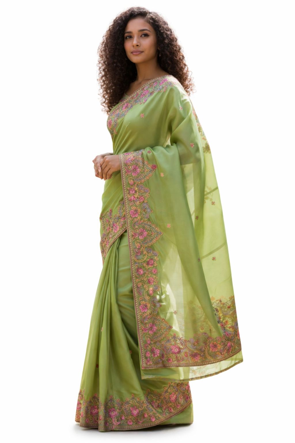 Elegant Lime Green Floral Embroidered Saree