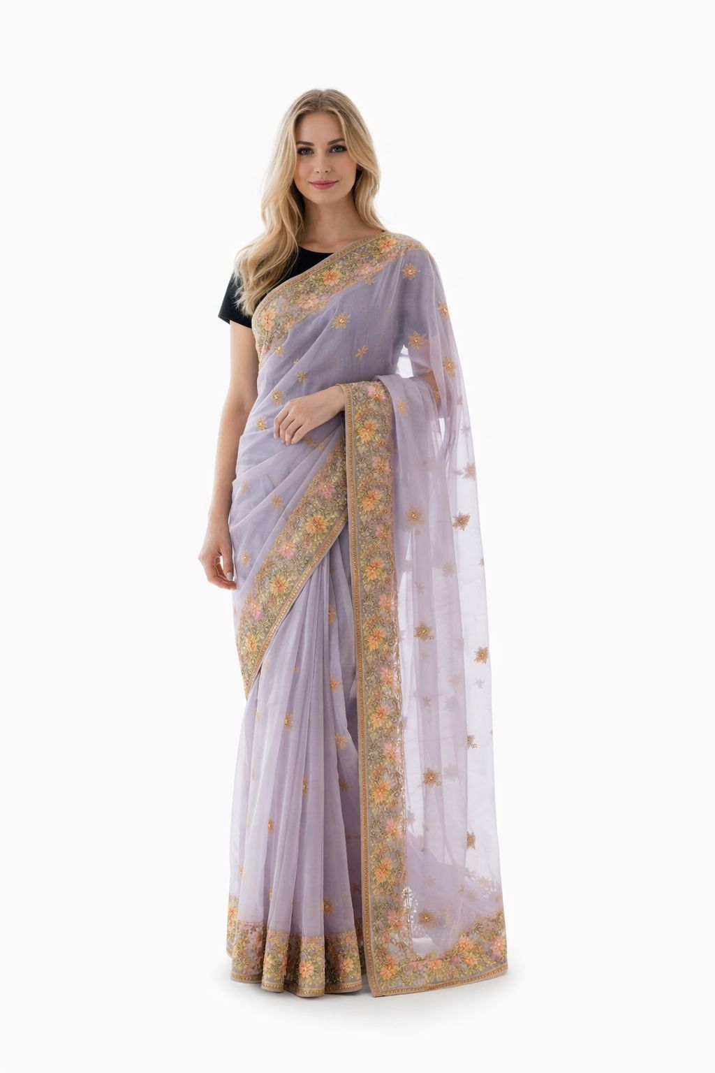 Elegant Lavender Floral Embroidered Saree