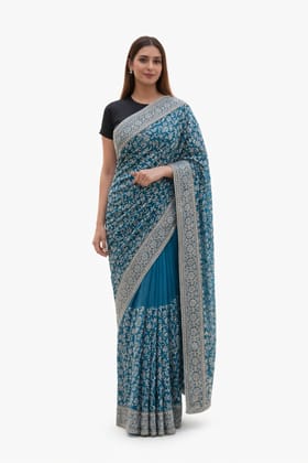 Teal Blue Saree with Silver Floral Zari Embroidery