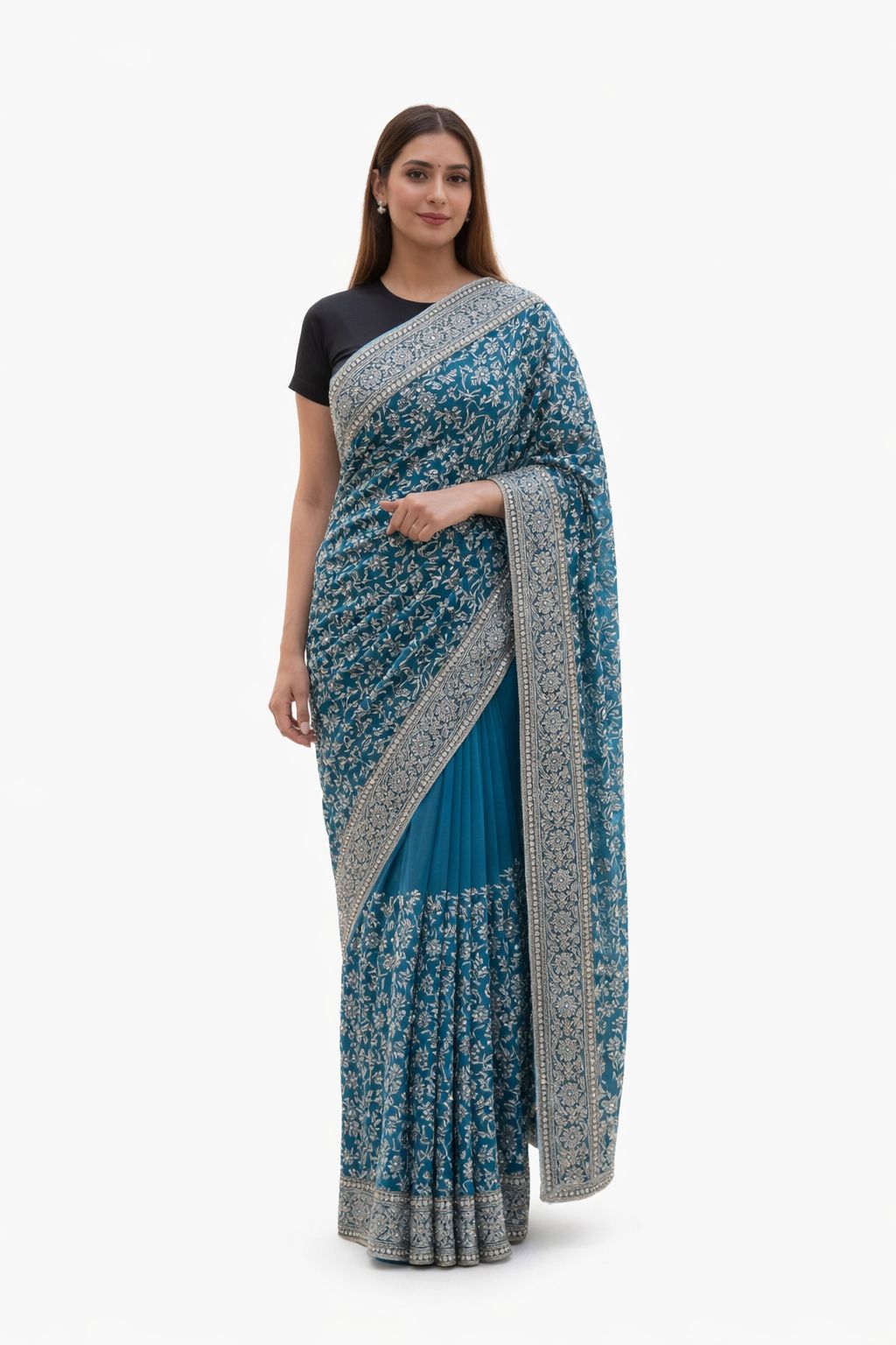 Teal Blue Saree with Silver Floral Zari Embroidery