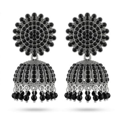 Oxidized Silver Black Stone Jhumka Earrings for Women