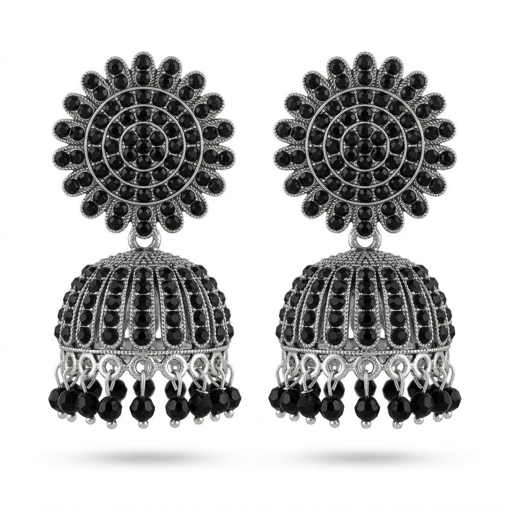 Oxidized Silver Black Stone Jhumka Earrings for Women