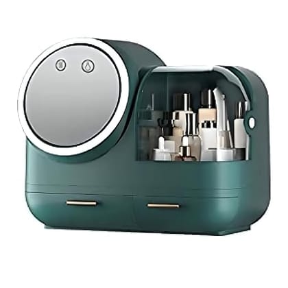 NOSCOMP Makeup Organiser with LED Mirror, Fan & USB Charging | Rotating Carousel | Desktop Dust-Proof Beauty Case | Drawer Storage | Vanity Table Organiser | Green