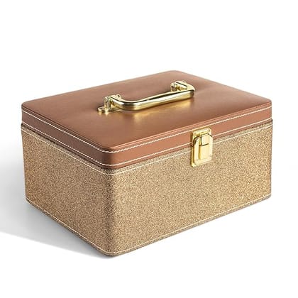 Makeup Box - Vanity Box for Women Bridal - Cosmetic Box Organiser, Durable, Stylish Finish for Home or Travel, Large Capacity Beauty Case for Brushes, Lipsticks & Skincare, (Gold)
