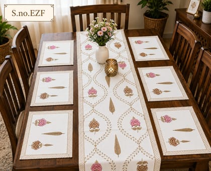Assorted Floral & Tree Print Cotton Table Runner and 6 Mats Set (7 Pcs)