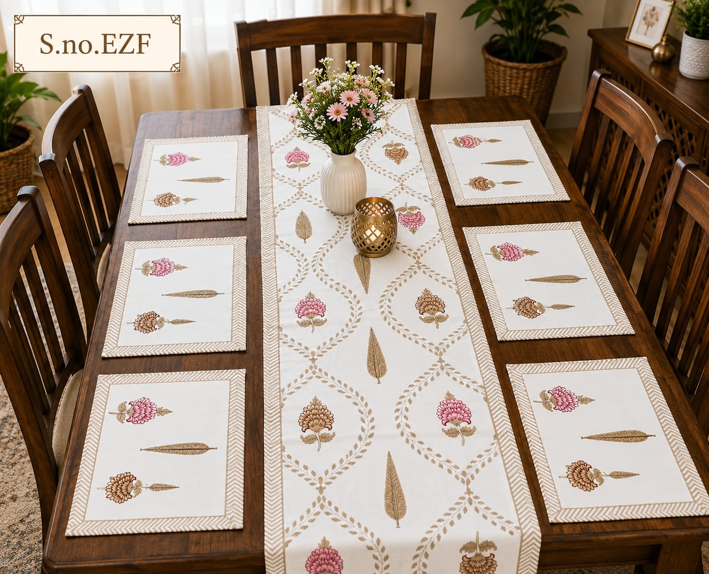 Assorted Floral & Tree Print Cotton Table Runner and 6 Mats Set (7 Pcs)